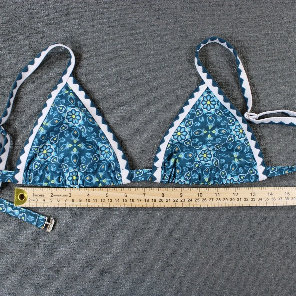 Blue Floral Mandala Ric Rac Trim Triangle Bikini Set High Cut Two Piece Swimsuit